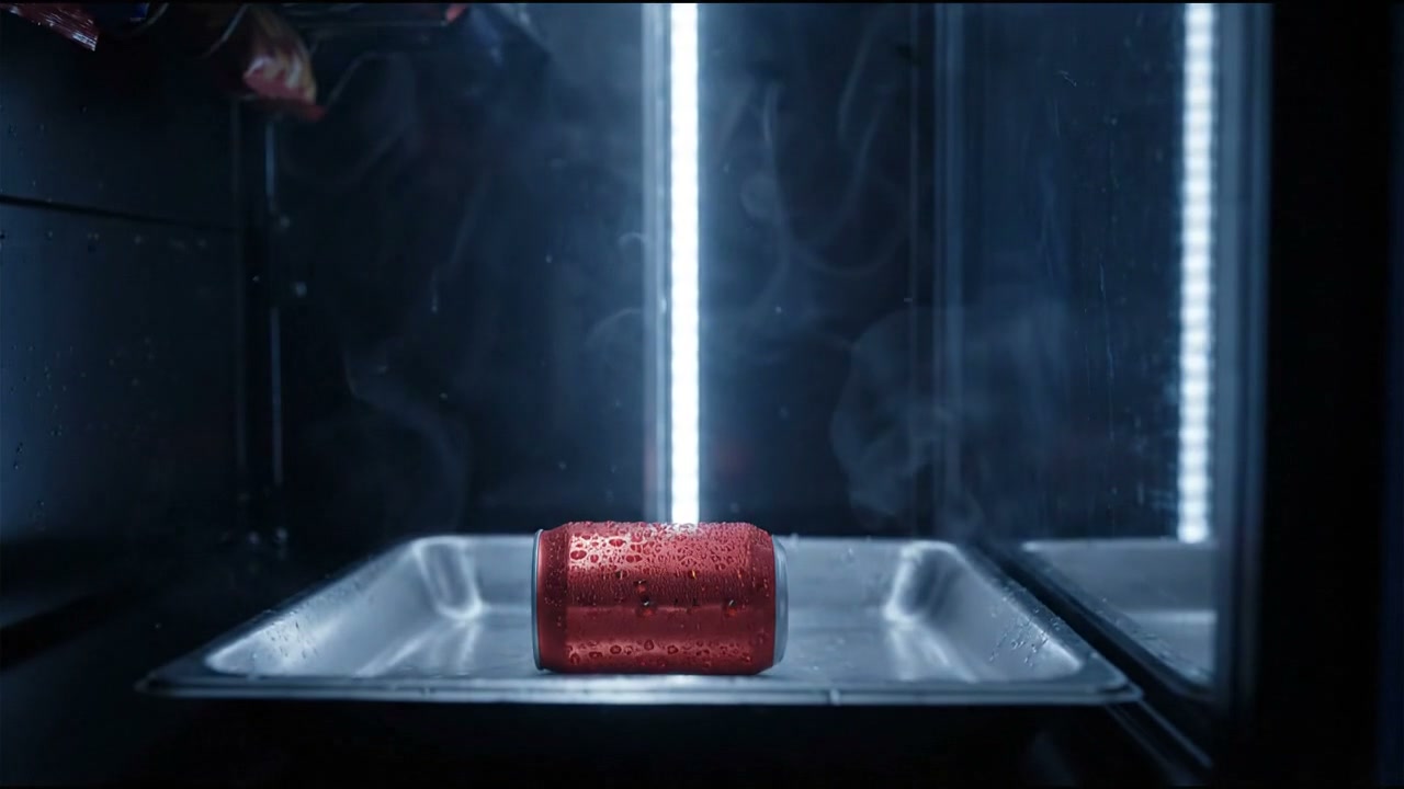 A cold red can resting in the pickup tray of a vending machine