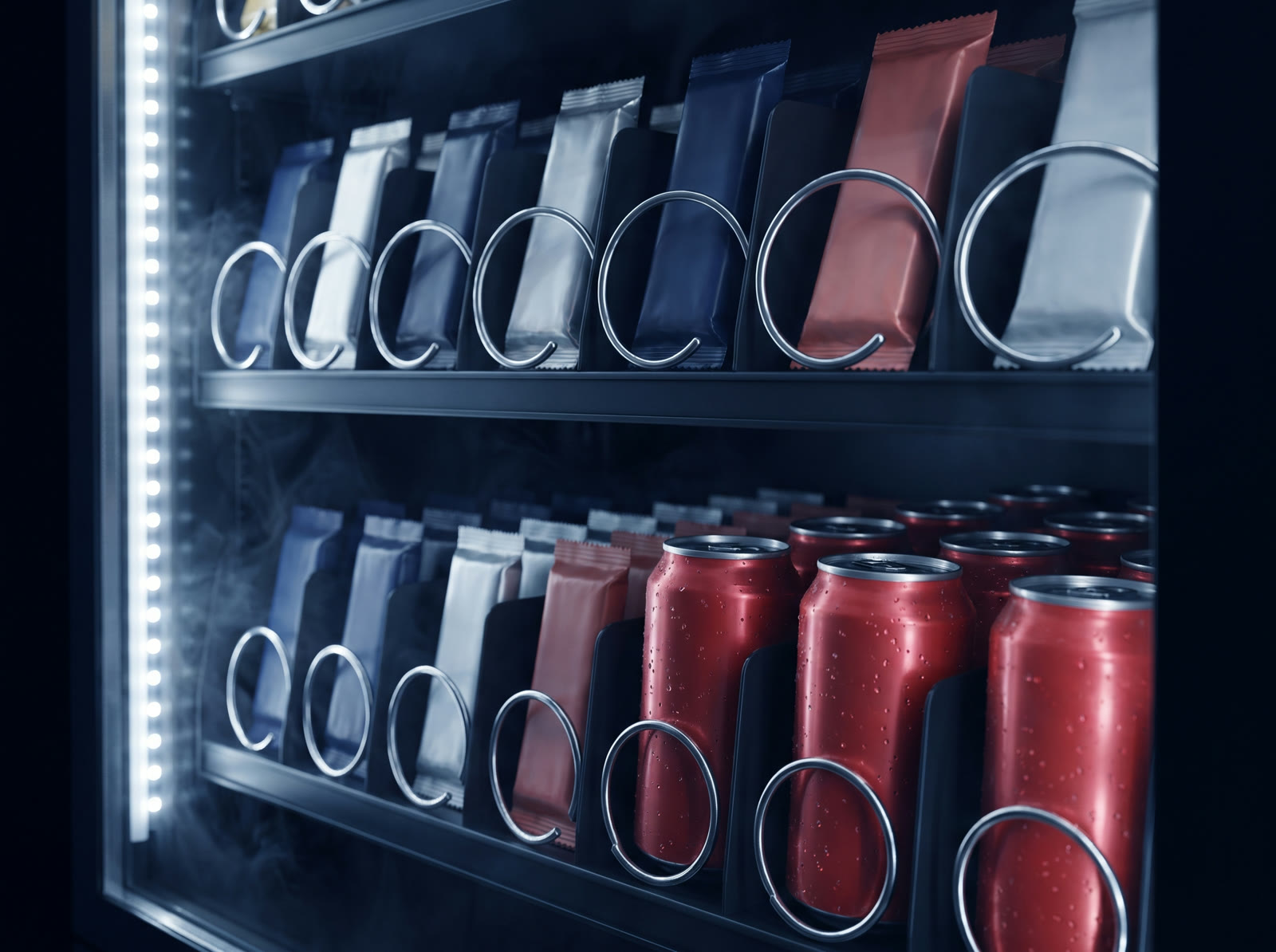 Full rows of snacks and cold red cans inside a vending machine
